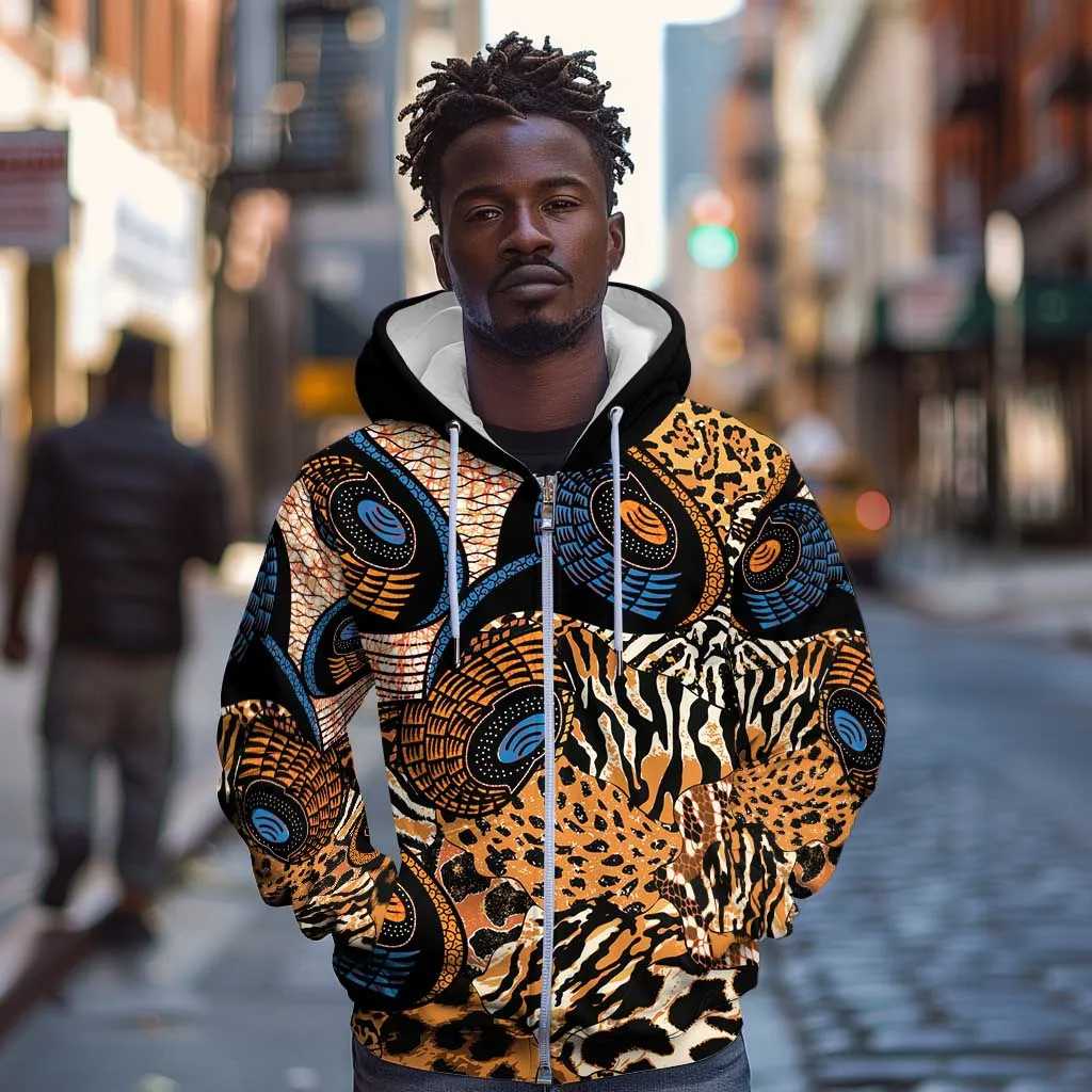 African Ankara Motifs Mixed Animal Skins Zip Hoodie LT9