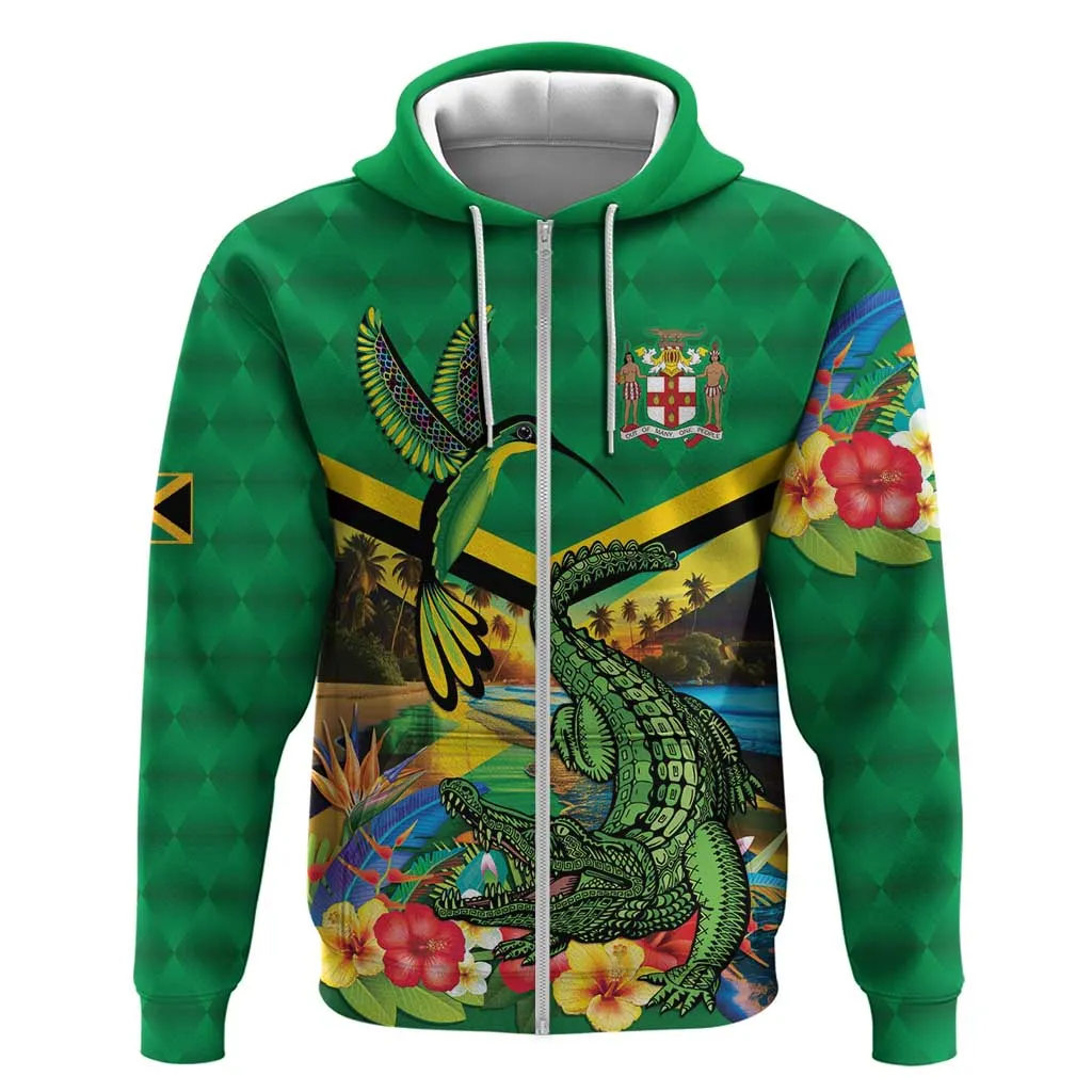 African Jamaica Personalized Zip Hoodie Hummingbird and Crocodiles Tropical LT9