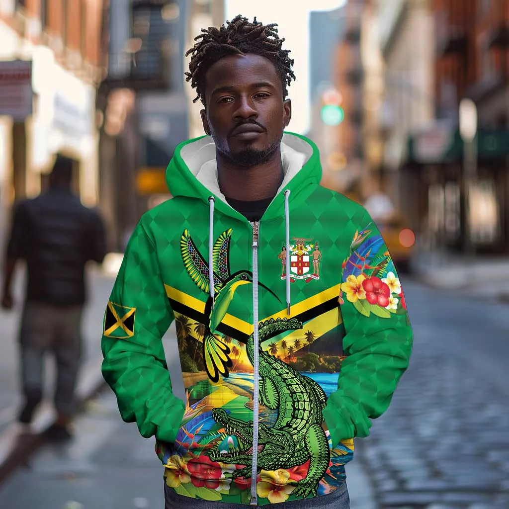 African Jamaica Personalized Zip Hoodie Hummingbird and Crocodiles Tropical LT9