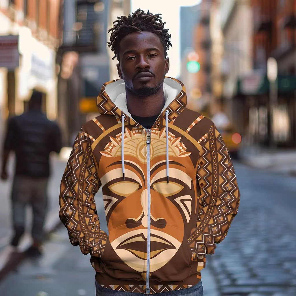 African Mask Printed Mudcloth Zip Hoodie Afro Bogolan DT03