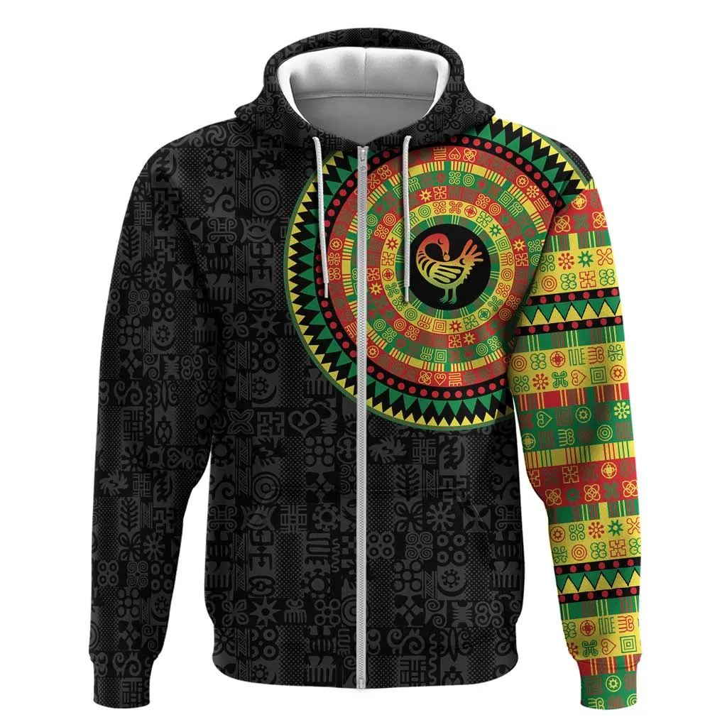 African Sankofa Bird Zip Hoodie Adinkra Symbols - Chest Arm Tattoo LT15