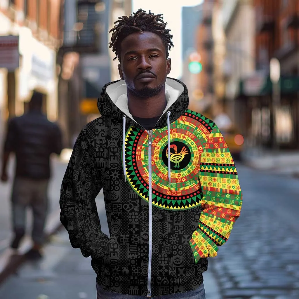 African Sankofa Bird Zip Hoodie Adinkra Symbols - Chest Arm Tattoo LT15