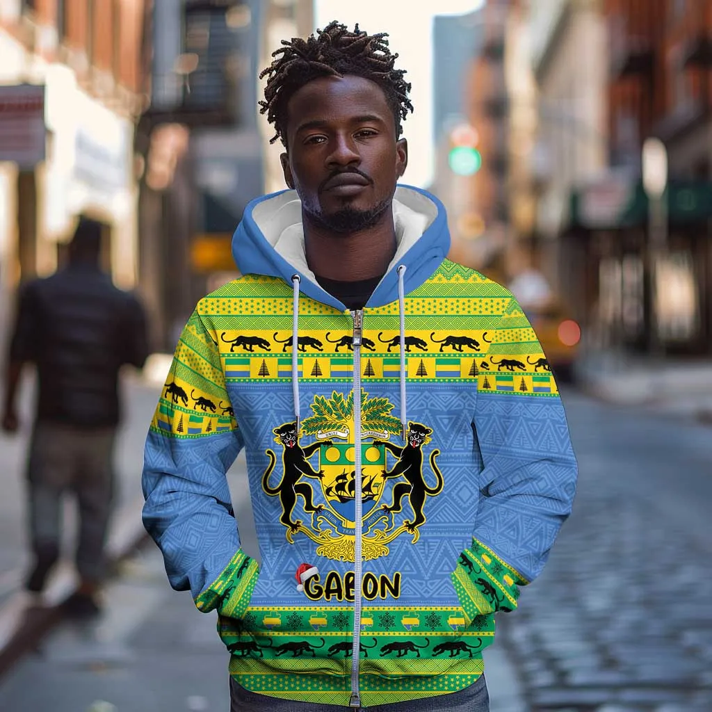 Afro Gabon Christmas Zip Hoodie Coat Of Arms Mix African Pattern LT15