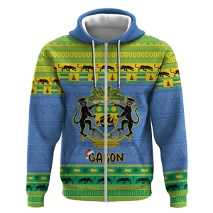 Afro Gabon Christmas Zip Hoodie Coat Of Arms Mix African Pattern LT15