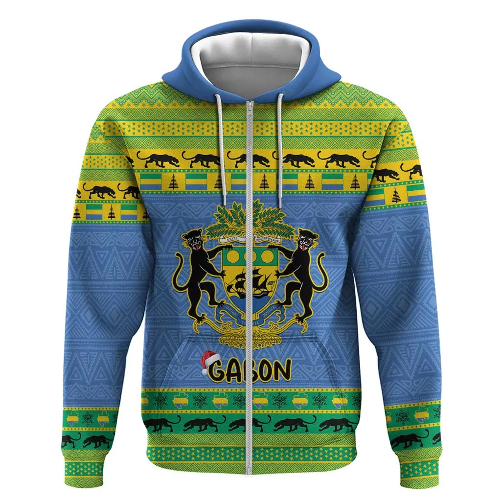 Afro Gabon Christmas Zip Hoodie Coat Of Arms Mix African Pattern LT15