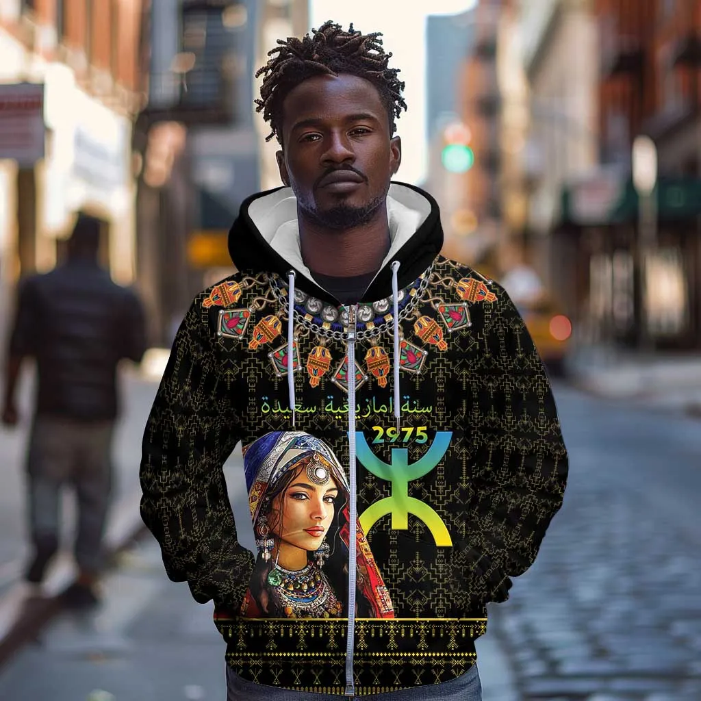 Assegwas Ameggaz Yennayer Zip Hoodie Women Amazigh - Berber Pattern LT15