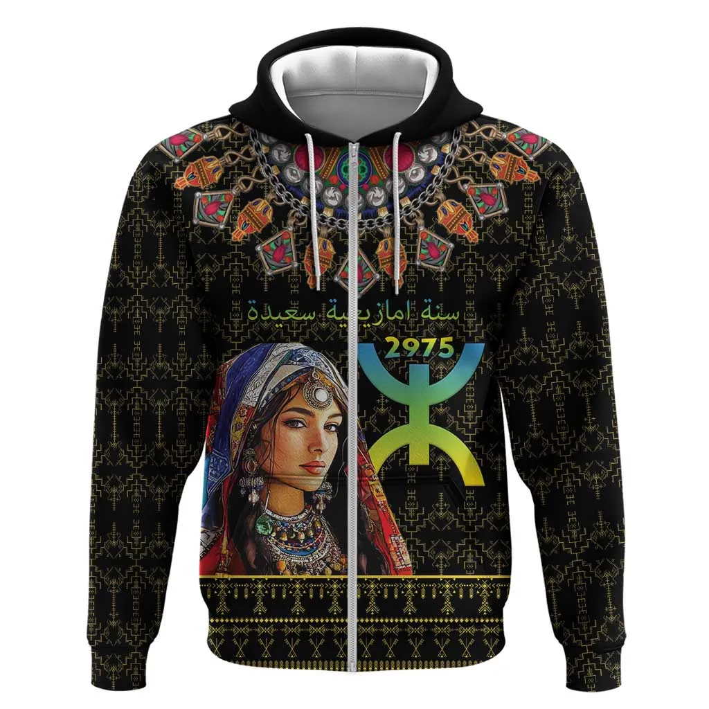 Assegwas Ameggaz Yennayer Zip Hoodie Women Amazigh - Berber Pattern LT15