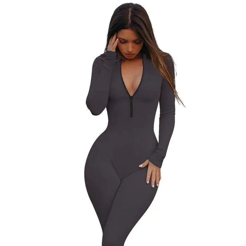 basic modern style solid color nylon v neck tracksuit jumpsuits
