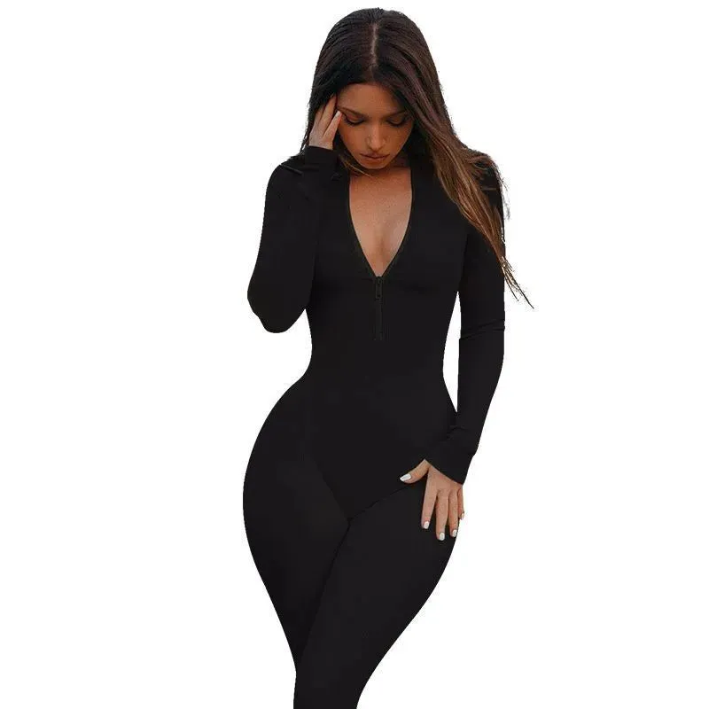 basic modern style solid color nylon v neck tracksuit jumpsuits