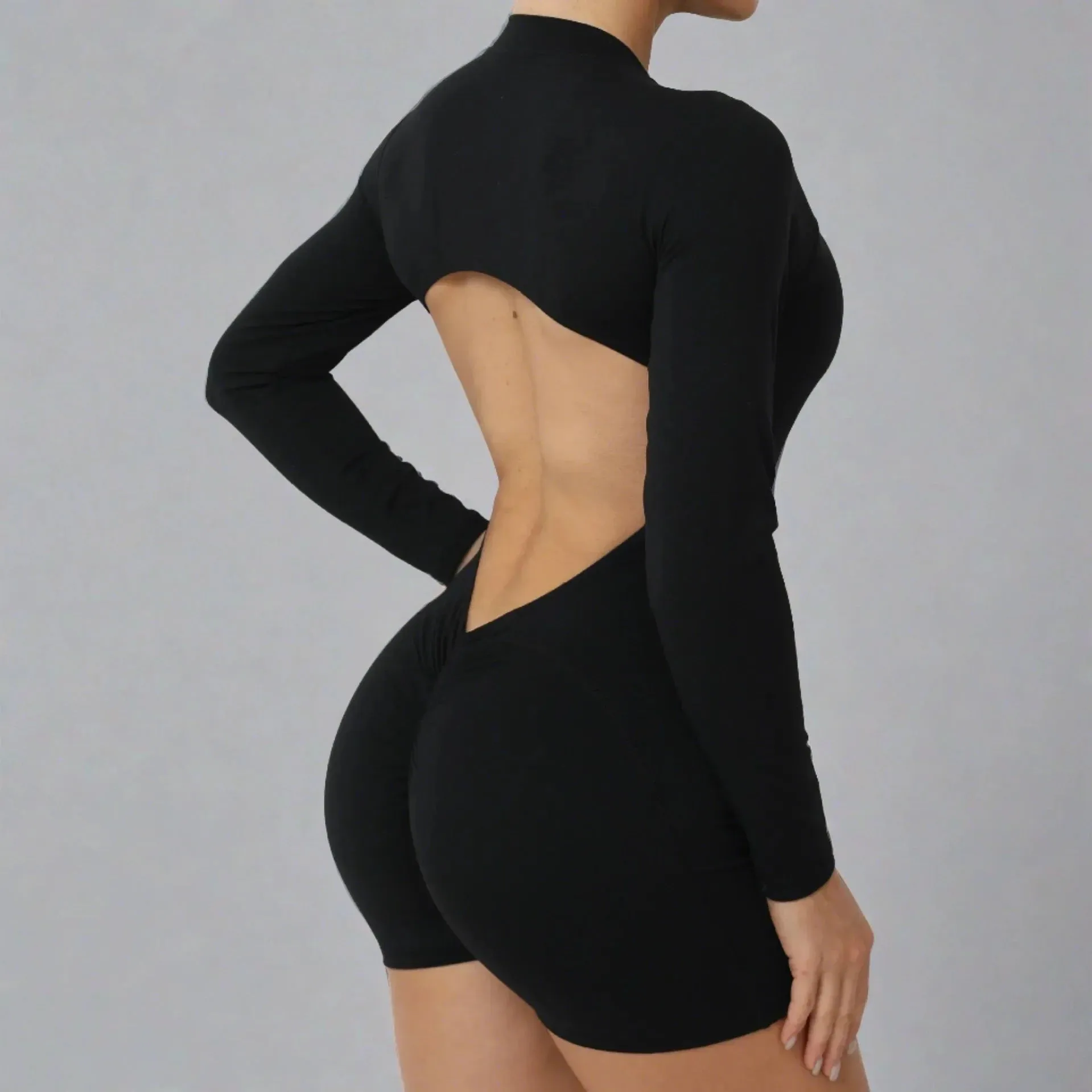 Beauty - Backless Long-Sleeved Jumpsuit Scrunch Butt - Black, Grey, Navy Blue