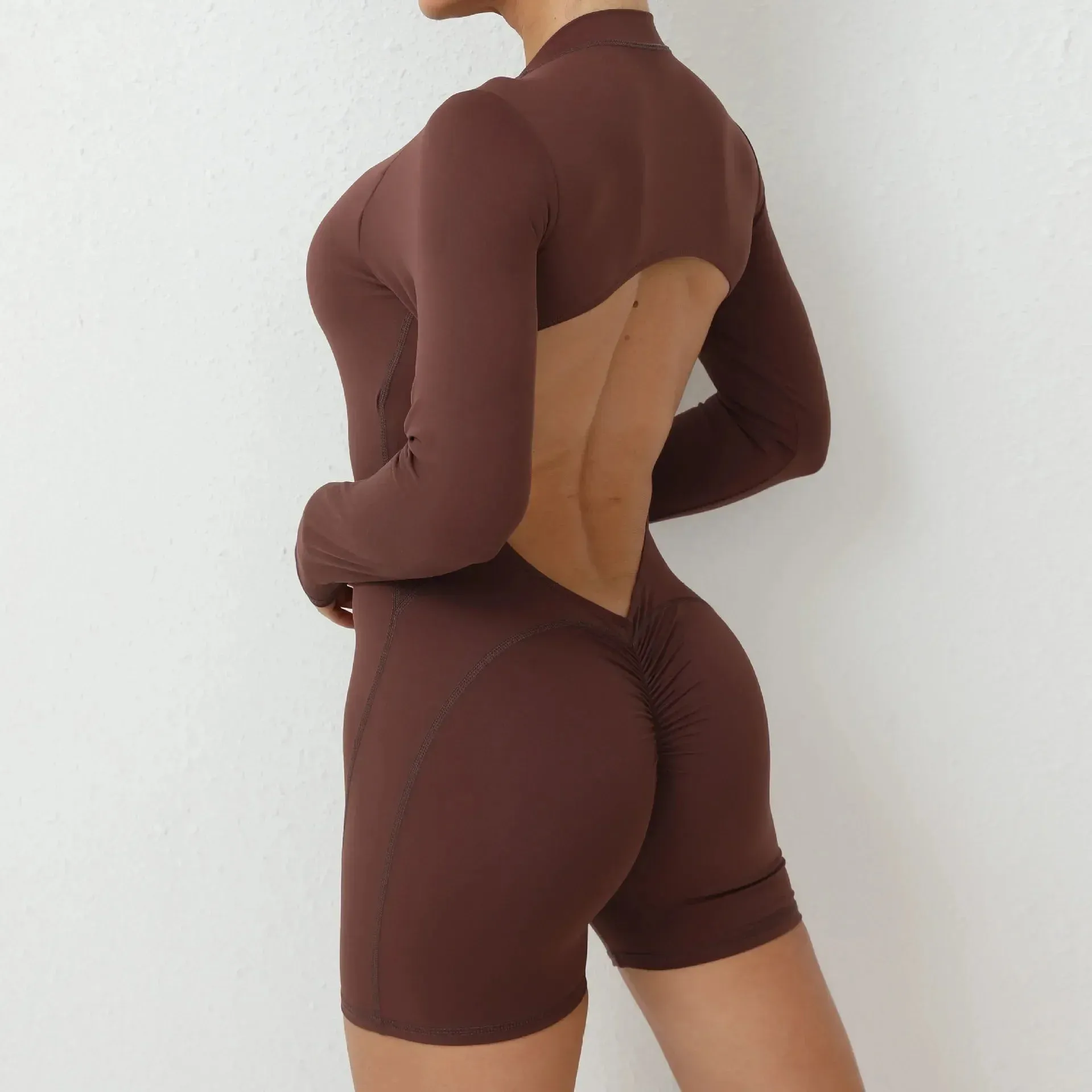 Beauty - Backless Long-Sleeved Jumpsuit Scrunch Butt - Black, Grey, Navy Blue