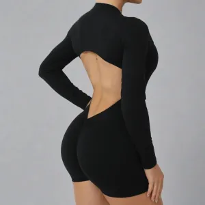 Beauty - Backless Long-Sleeved Jumpsuit Scrunch Butt - Black, Grey, Navy Blue