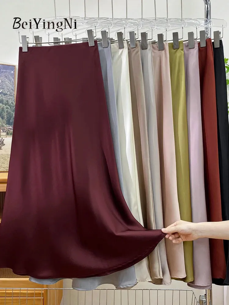 Beiyingni Elegant Satin High Waist Skirts Women Elegant Luxury Korean