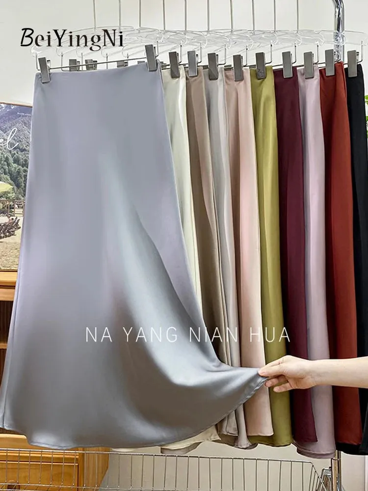 Beiyingni Elegant Satin High Waist Skirts Women Elegant Luxury Korean