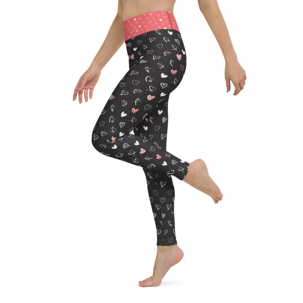 Black and Coral Hearts - Yoga Leggings