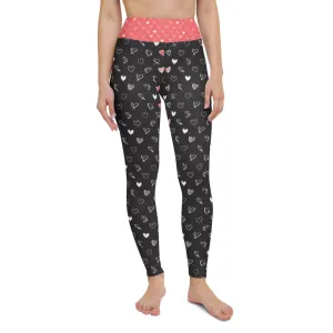 Black and Coral Hearts - Yoga Leggings