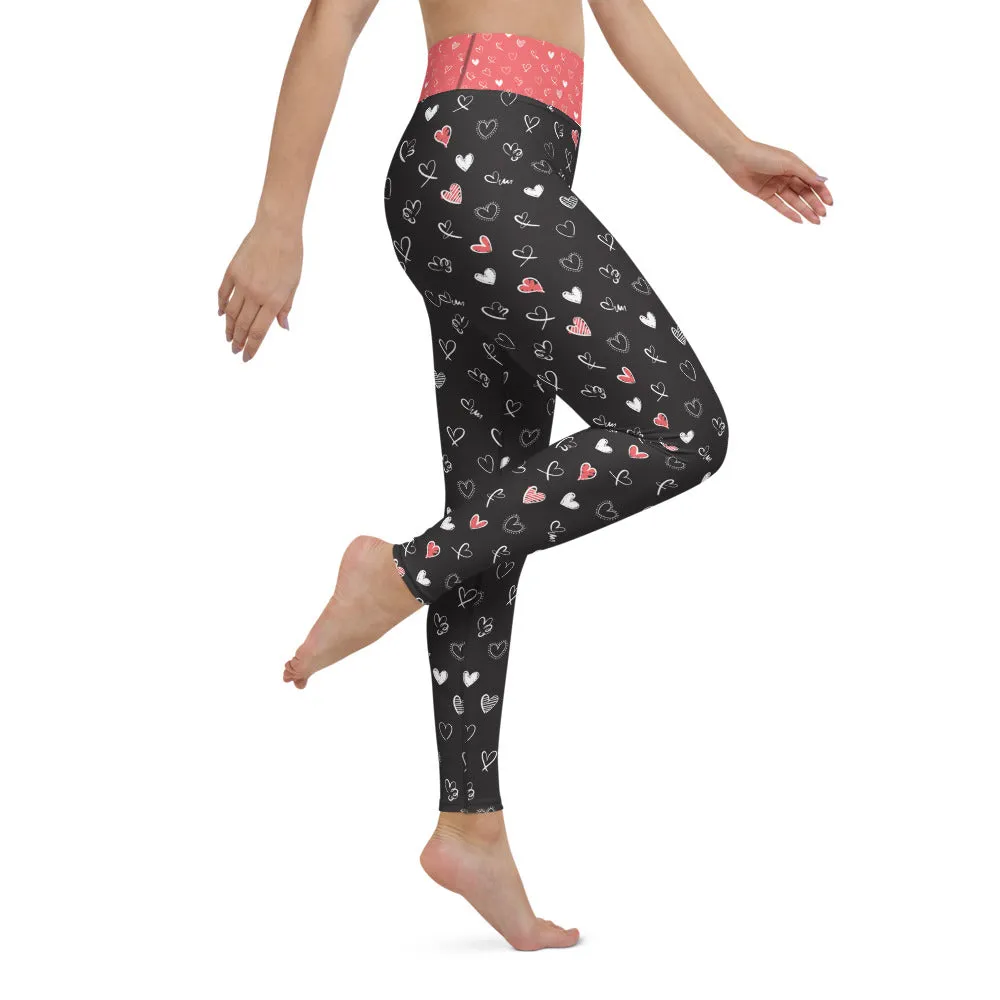 Black and Coral Hearts - Yoga Leggings