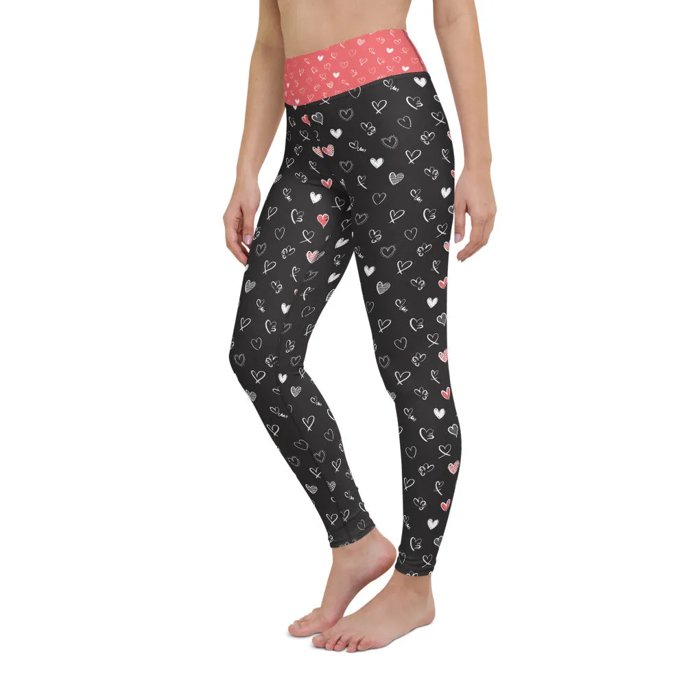 Black and Coral Hearts - Yoga Leggings