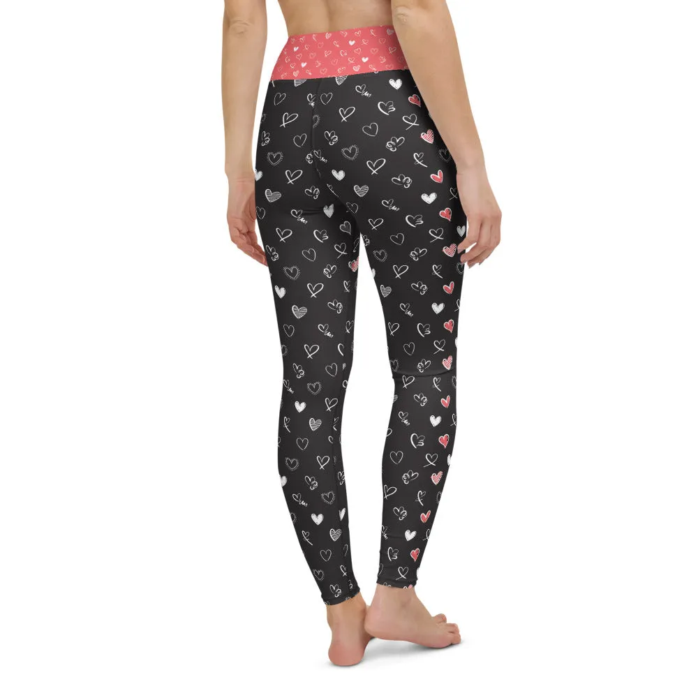 Black and Coral Hearts - Yoga Leggings