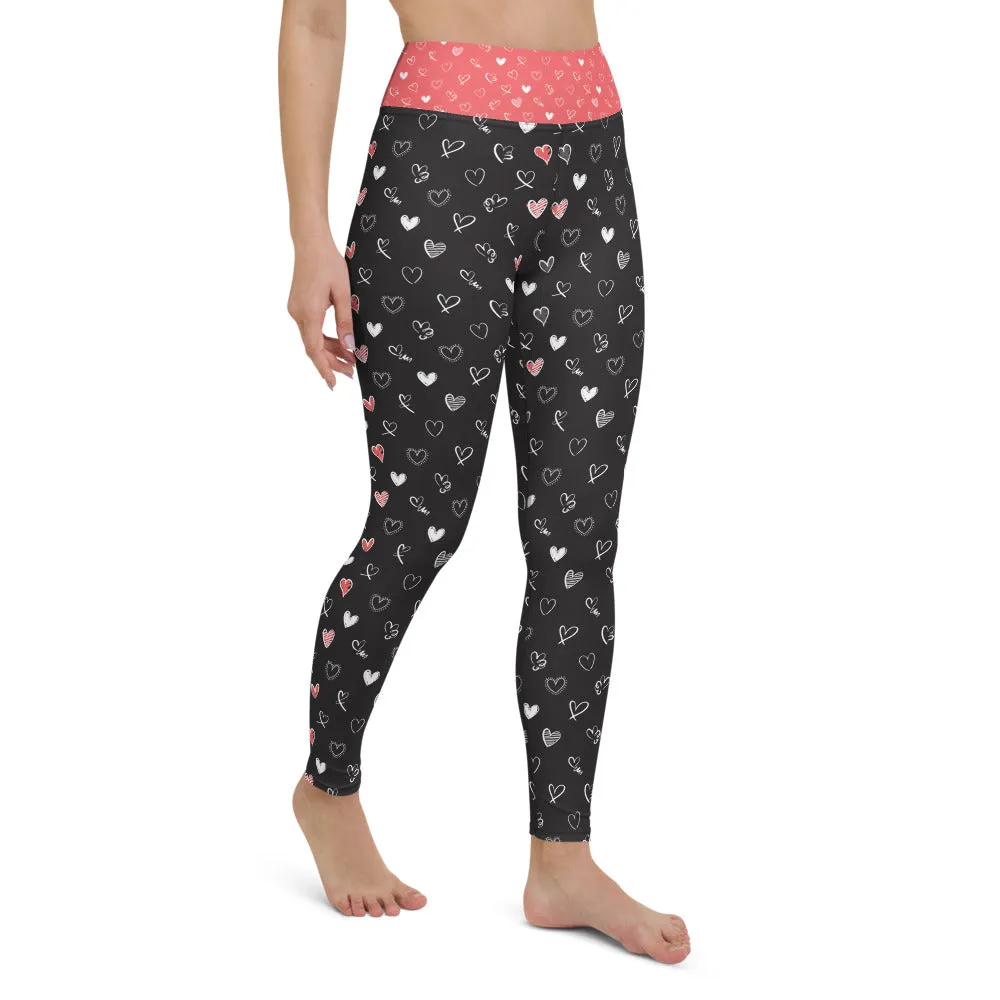 Black and Coral Hearts - Yoga Leggings