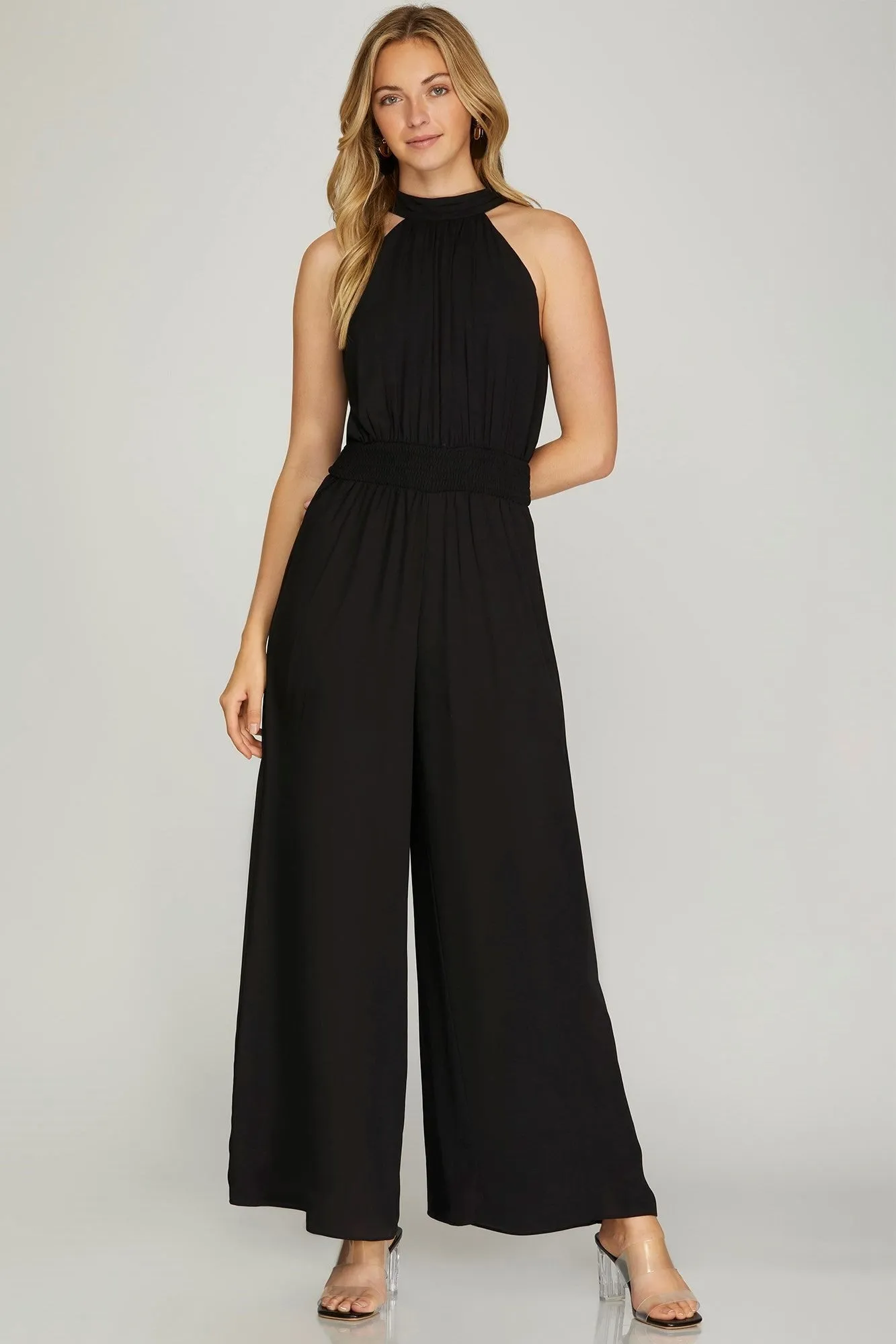 Black Wide Leg Woven Halter Jumpsuit**