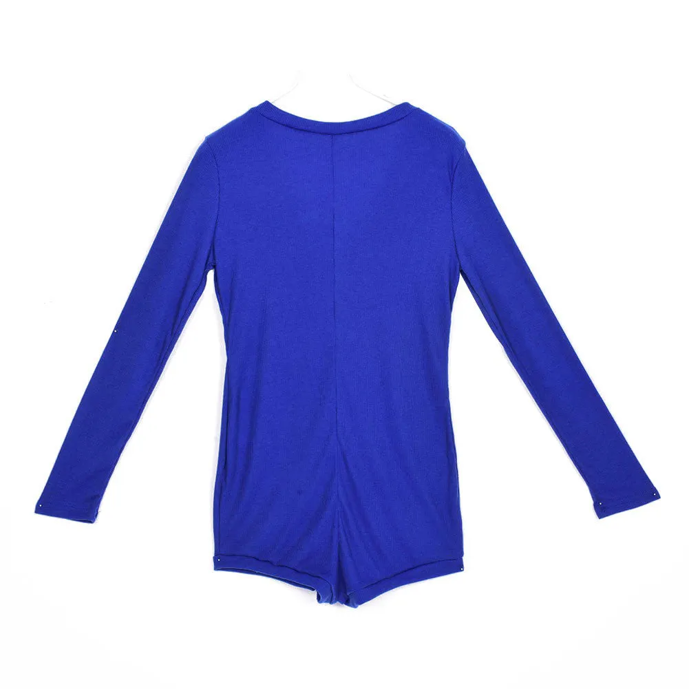 Bodycon Deep V-Neck Long Sleeve Jumpsuit Sexy Women Romper Short Pants Bodysuit