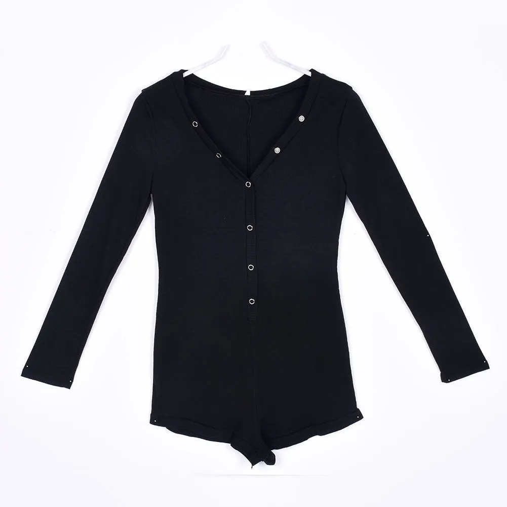 Bodycon Deep V-Neck Long Sleeve Jumpsuit Sexy Women Romper Short Pants Bodysuit