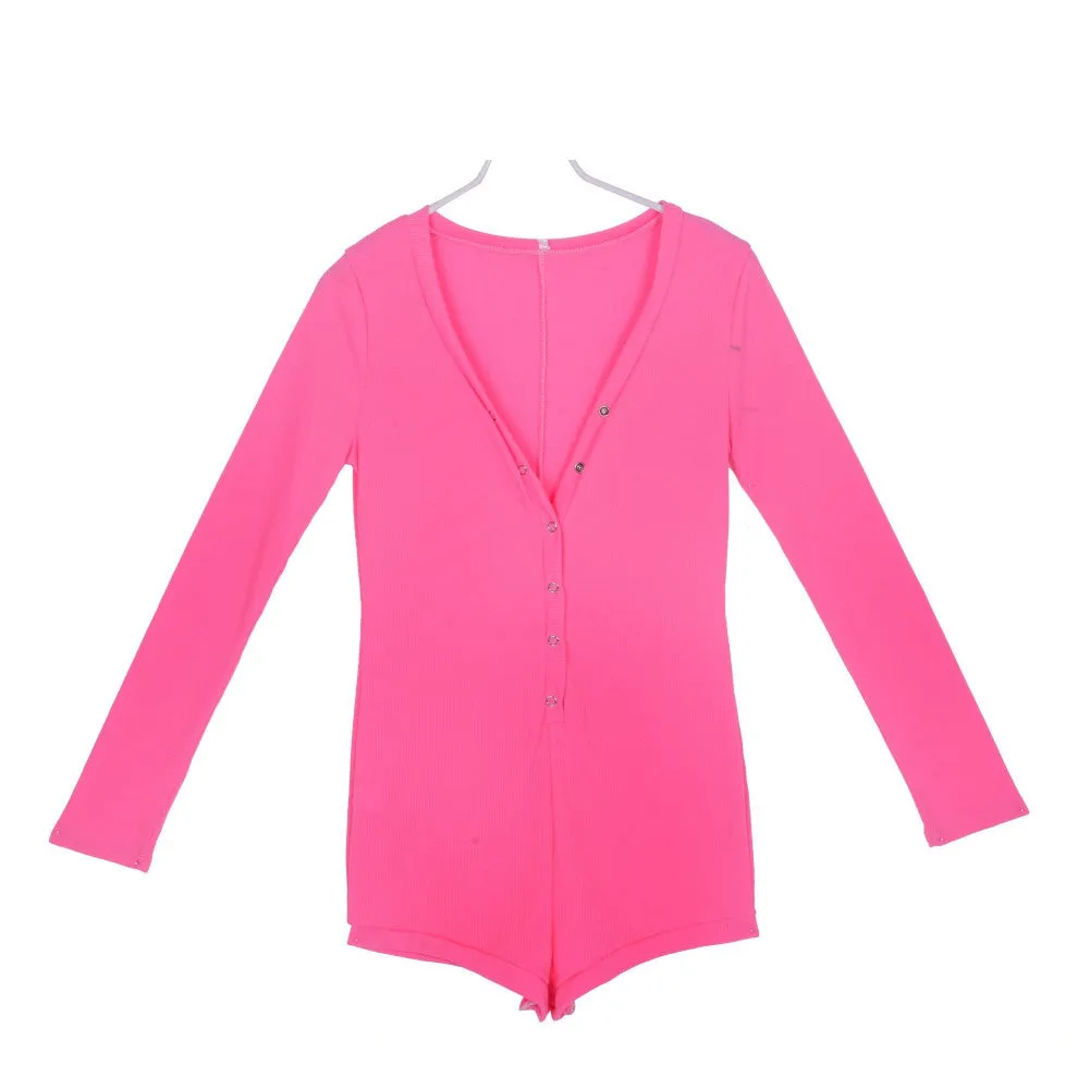 Bodycon Deep V-Neck Long Sleeve Jumpsuit Sexy Women Romper Short Pants Bodysuit