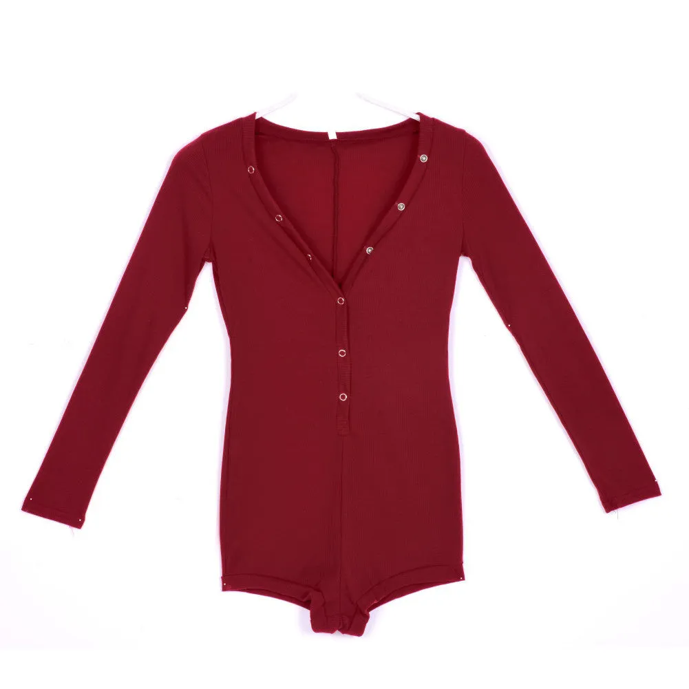 Bodycon Deep V-Neck Long Sleeve Jumpsuit Sexy Women Romper Short Pants Bodysuit