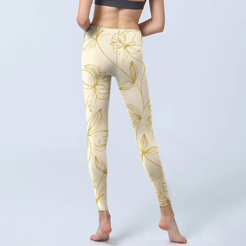 Buddha Stones Beige Flower Vine Print Gym Leggings Women's Yoga Pants