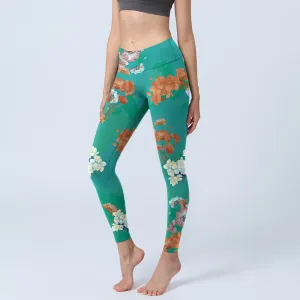 Buddha Stones Green Orange Beige Floral Print Gym Leggings Women's Yoga Pants