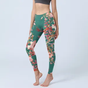 Buddha Stones Green Pink Flowers Print Gym Fitness Leggings Women's Yoga Pants