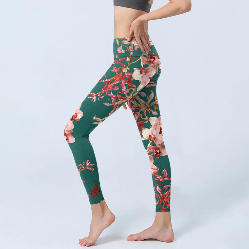 Buddha Stones Green Pink Flowers Print Gym Fitness Leggings Women's Yoga Pants