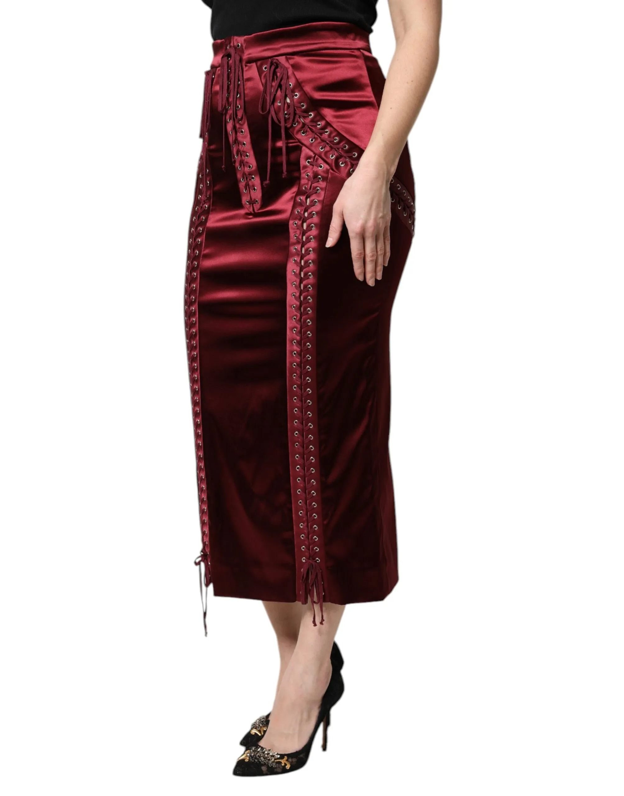 Burgundy High Waist Satin Corset Midi Skirt
