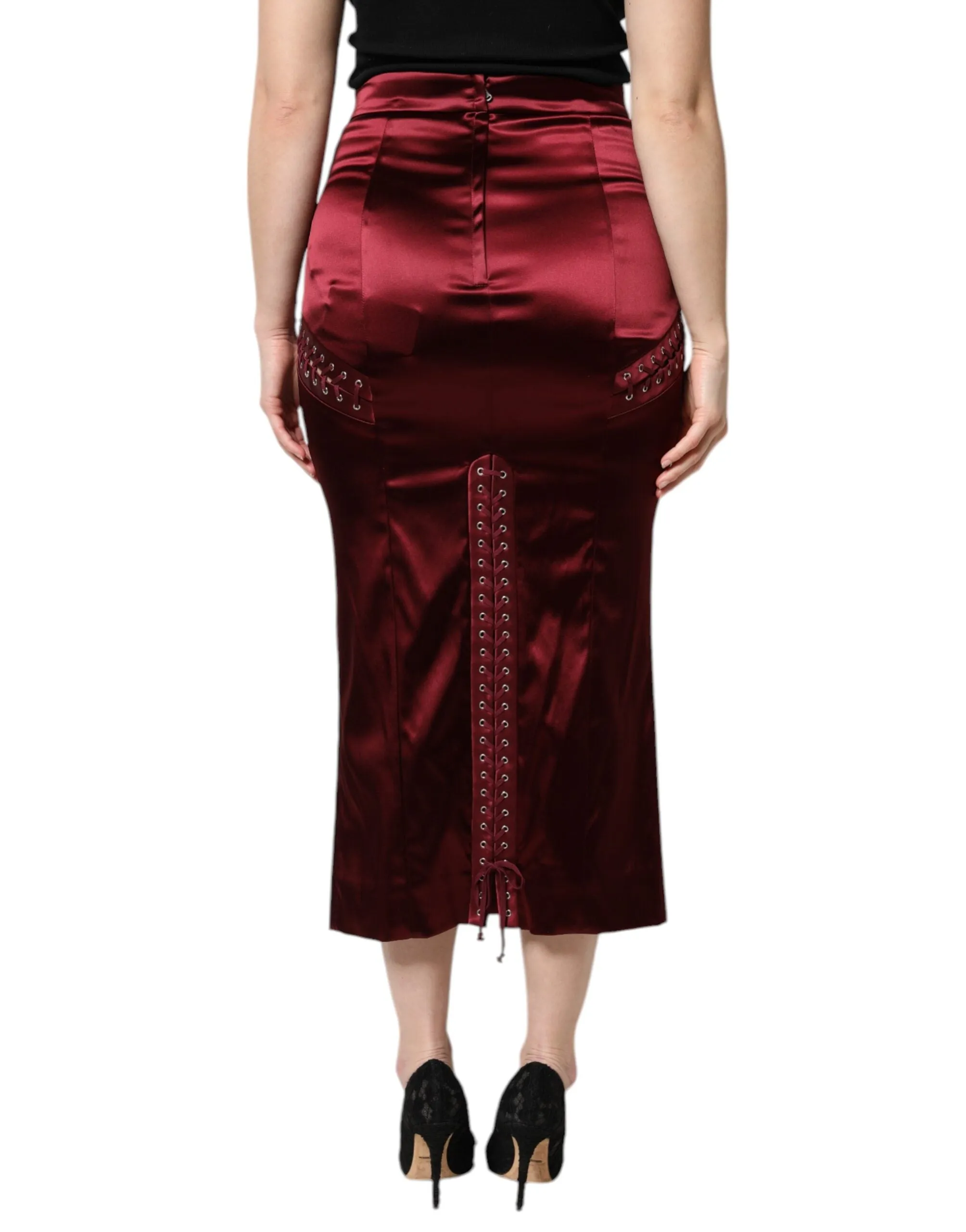 Burgundy High Waist Satin Corset Midi Skirt
