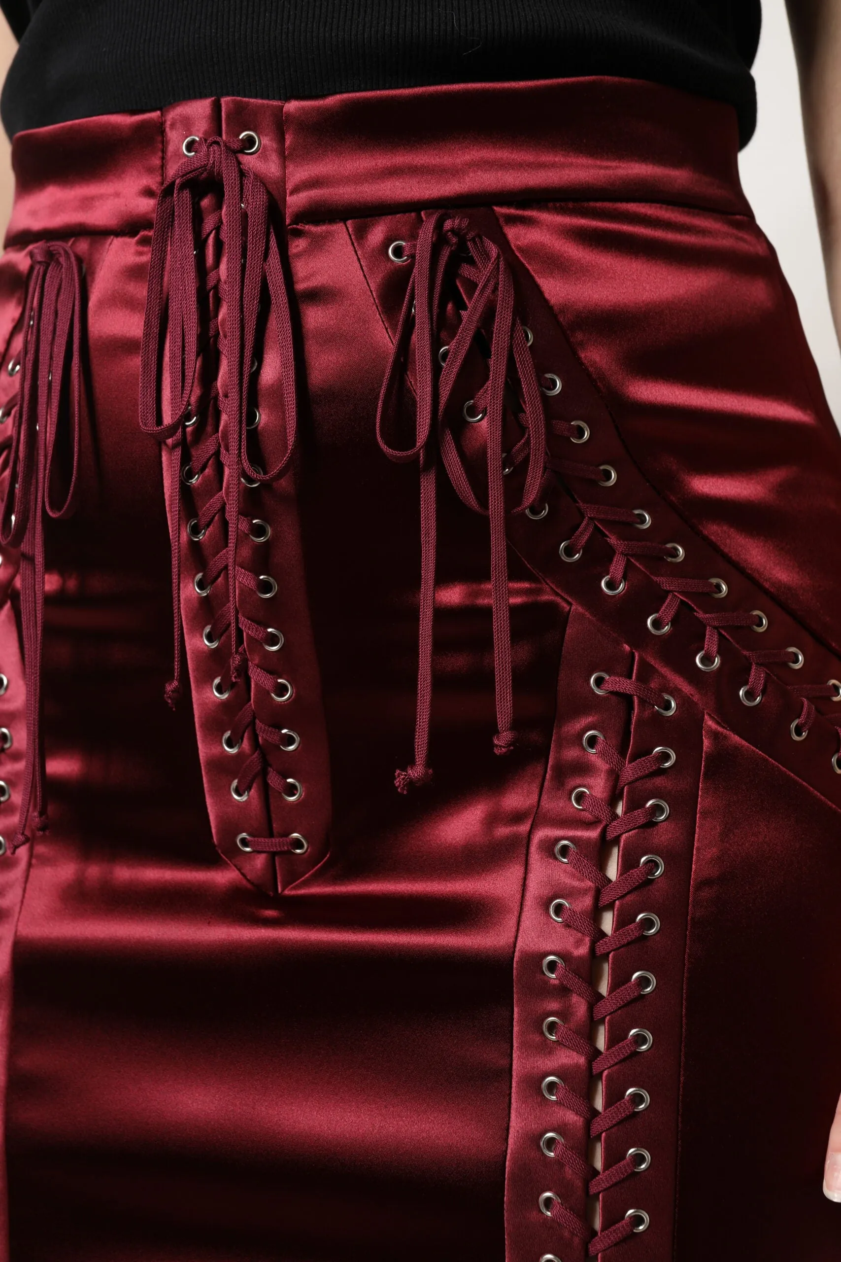 Burgundy High Waist Satin Corset Midi Skirt