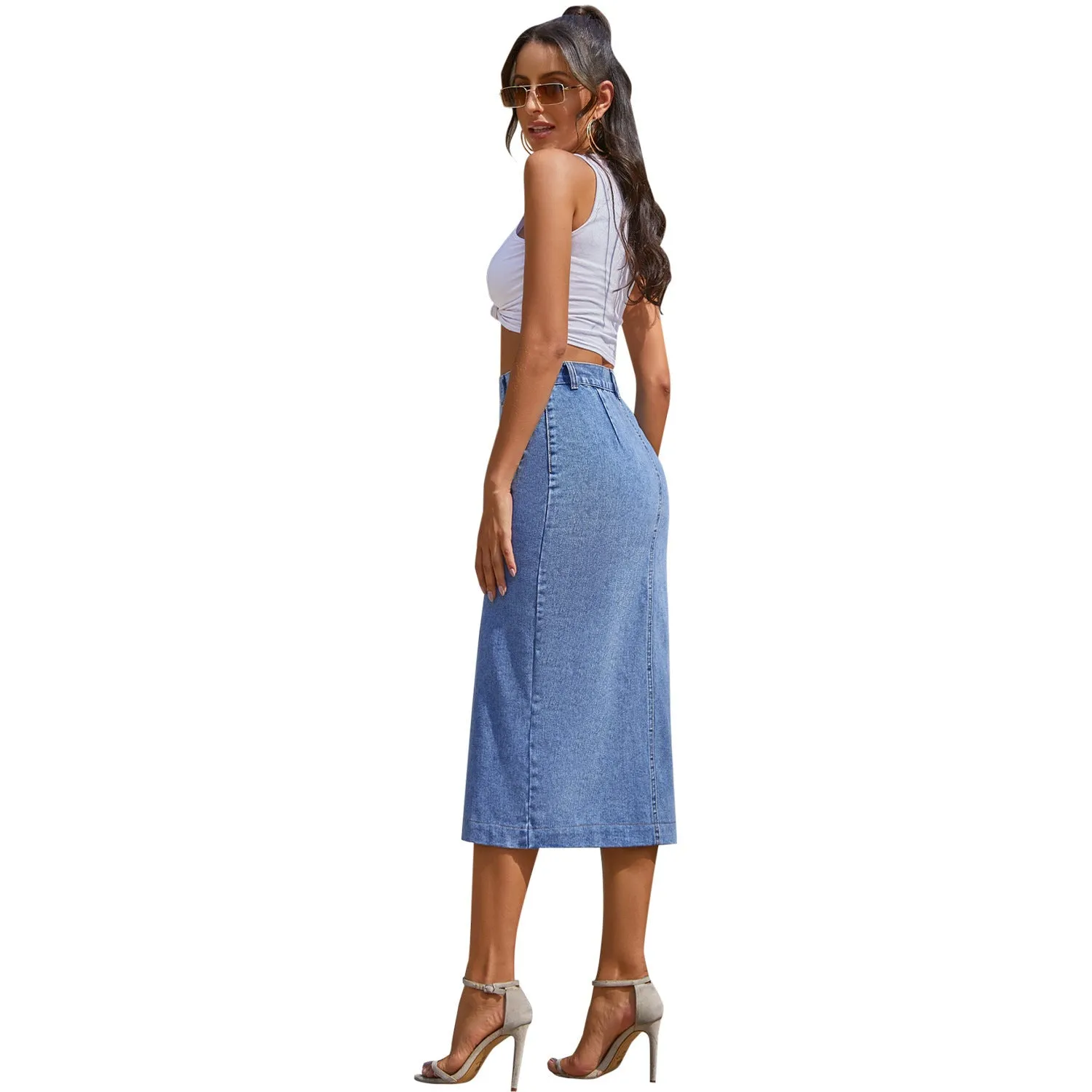 Button Slit High Waist Denim Skirt