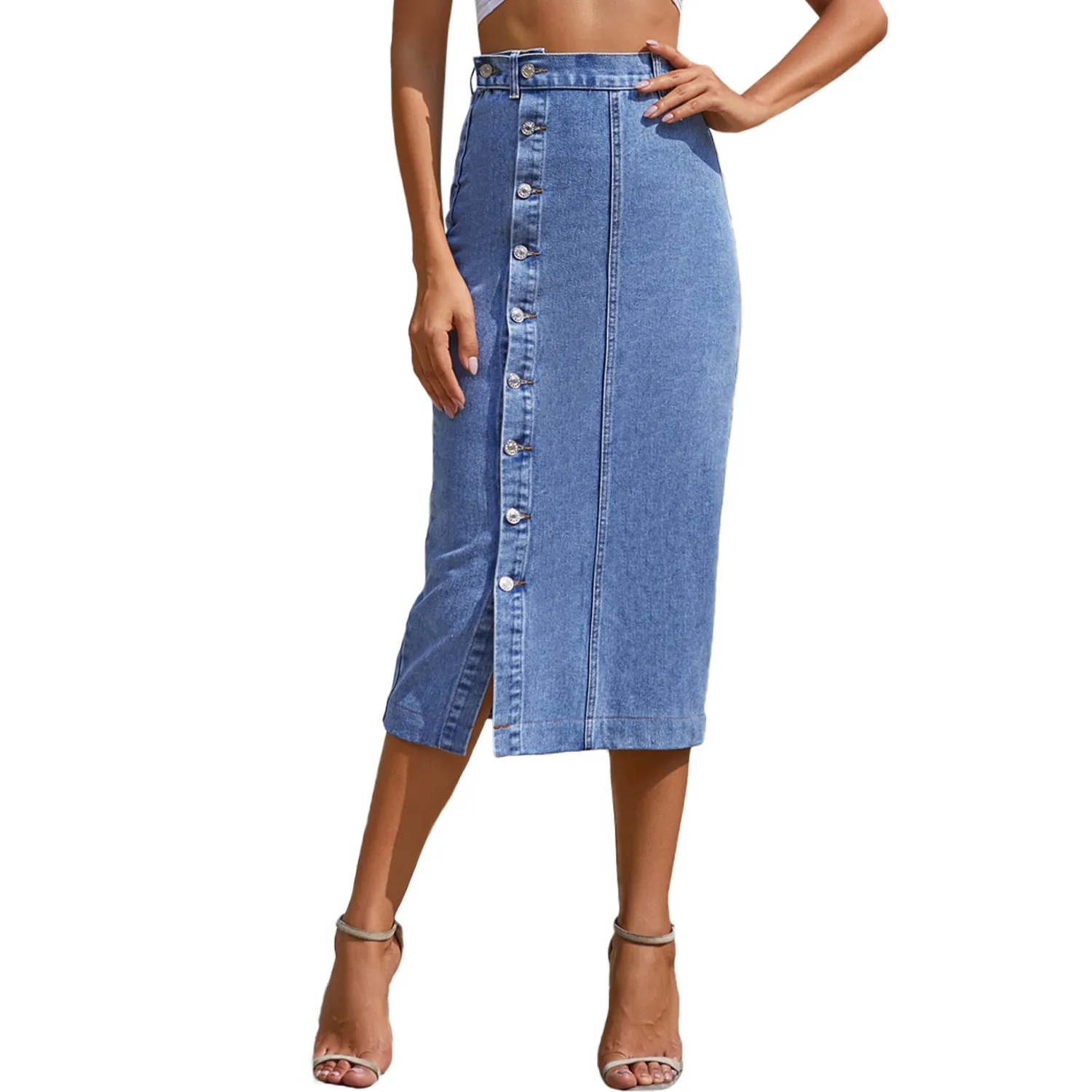 Button Slit High Waist Denim Skirt