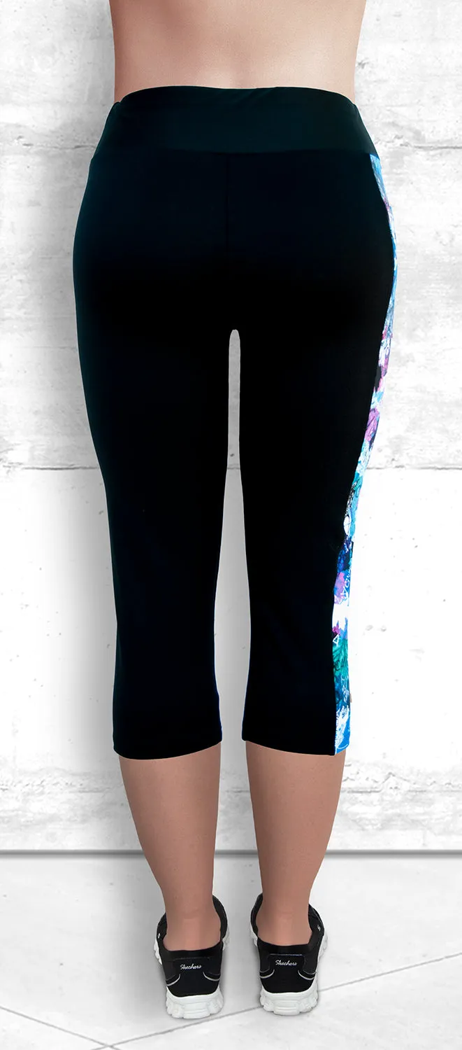 Capri Leggings - Blue-Pink Maple Leaves (C-4021)