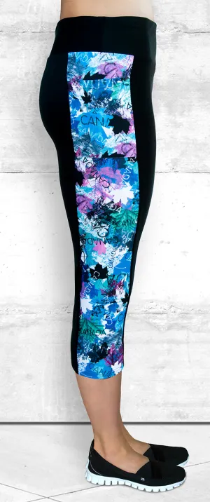 Capri Leggings - Blue-Pink Maple Leaves (C-4021)