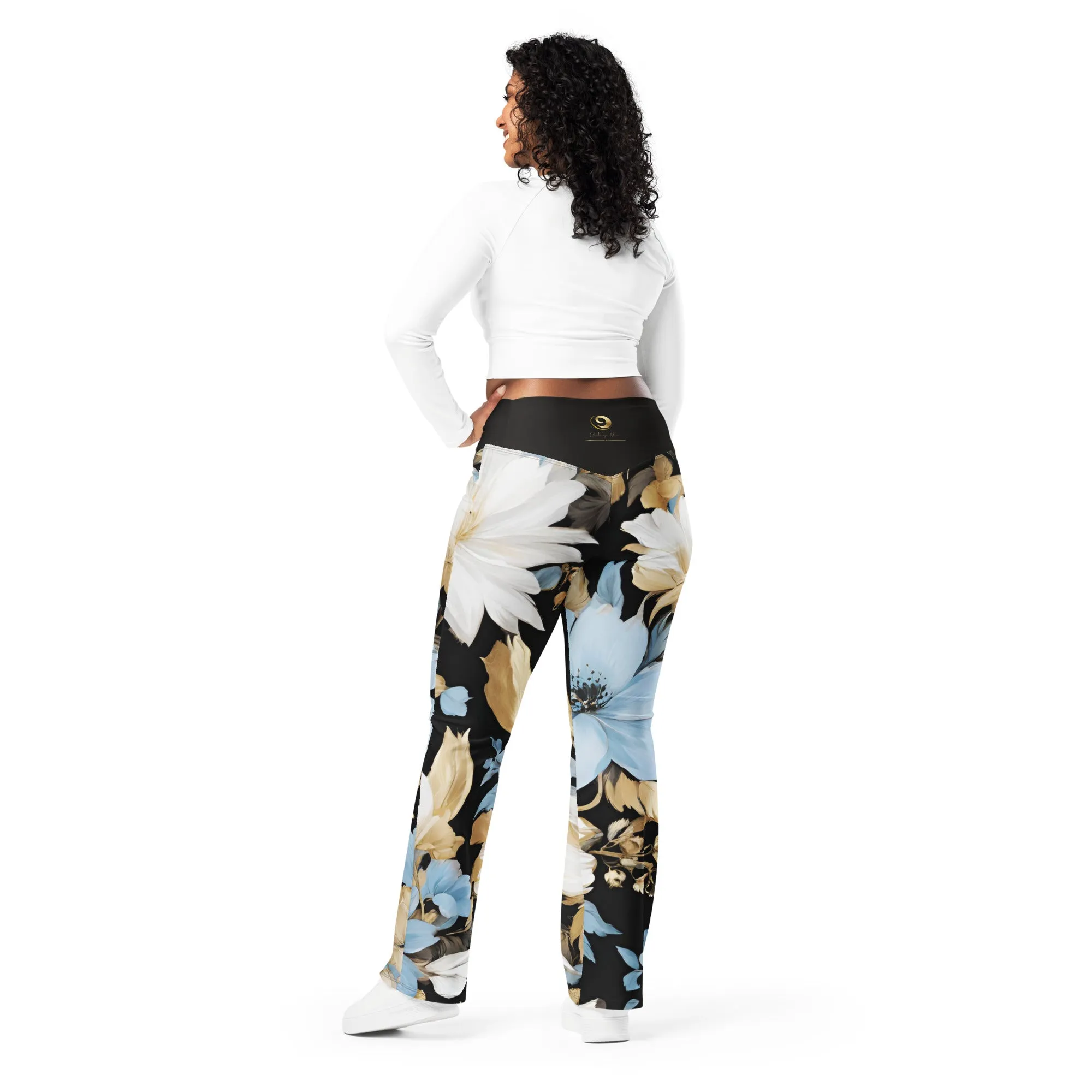 Chaitanya Abara White, Sky Blue and Black Floral Flare Leggings