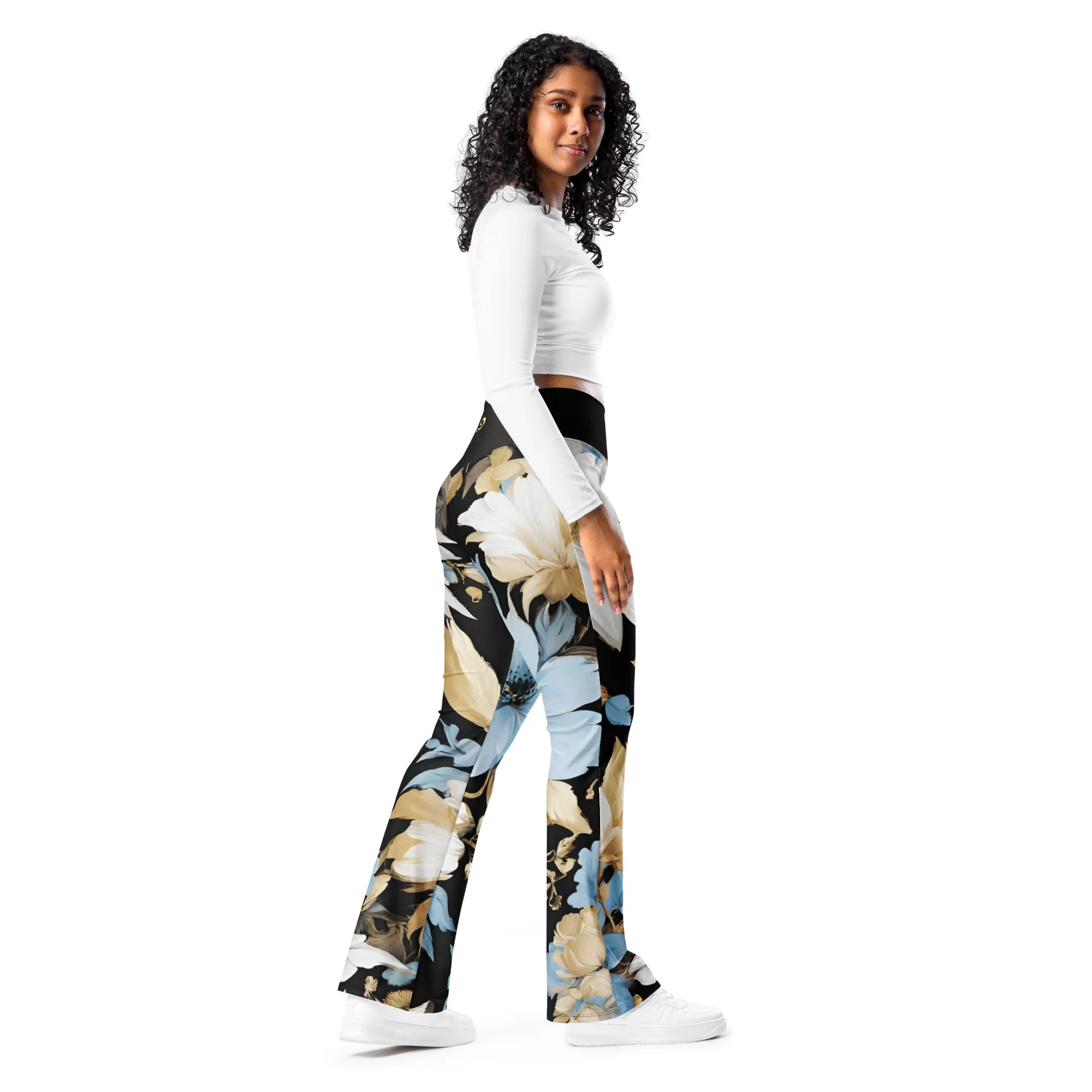 Chaitanya Abara White, Sky Blue and Black Floral Flare Leggings