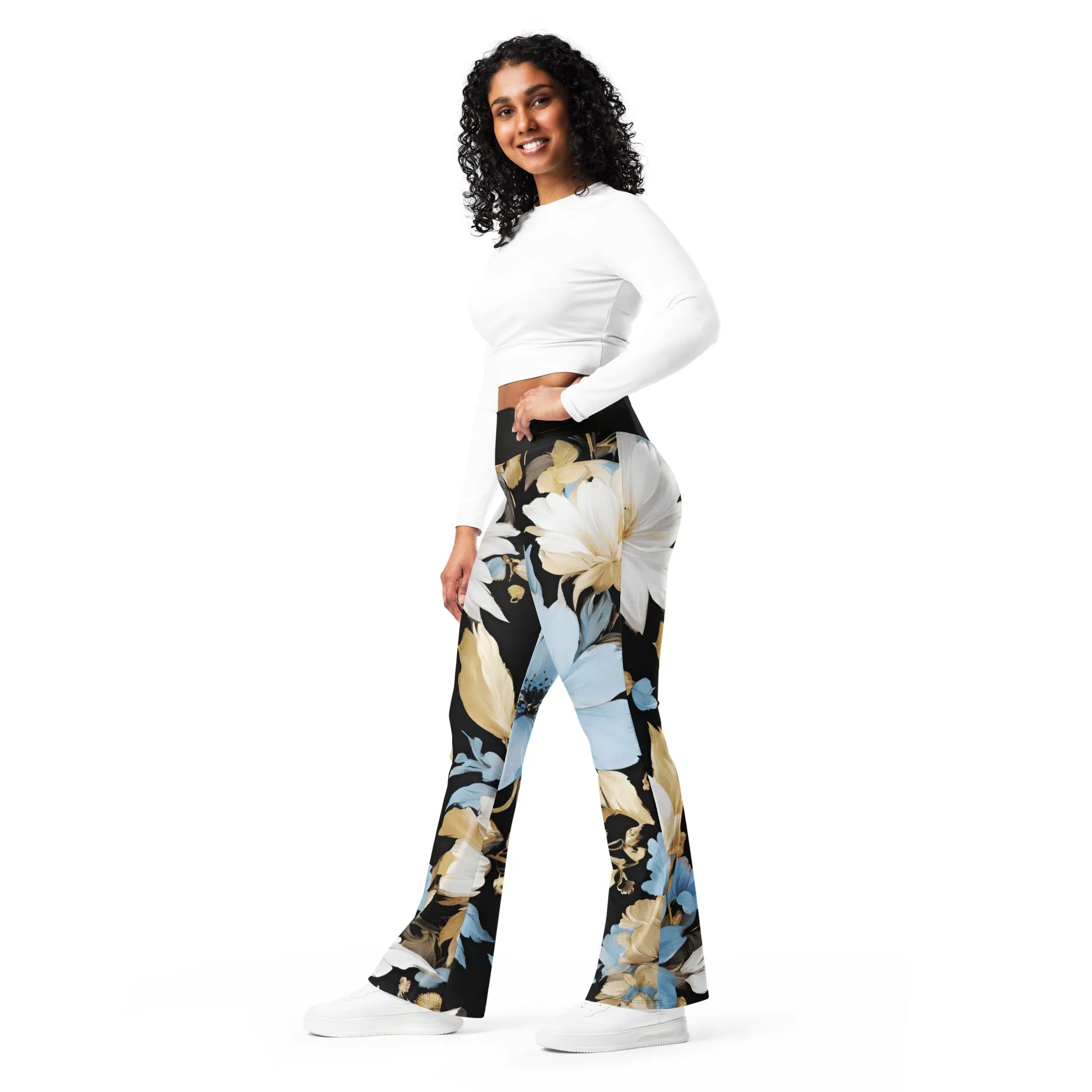 Chaitanya Abara White, Sky Blue and Black Floral Flare Leggings
