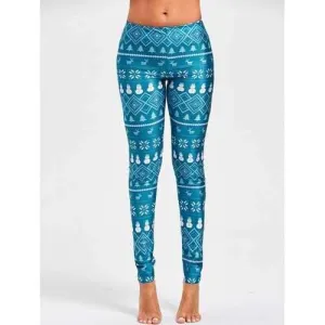Christmas Snowman Elk Print Leggings - Light Blue M