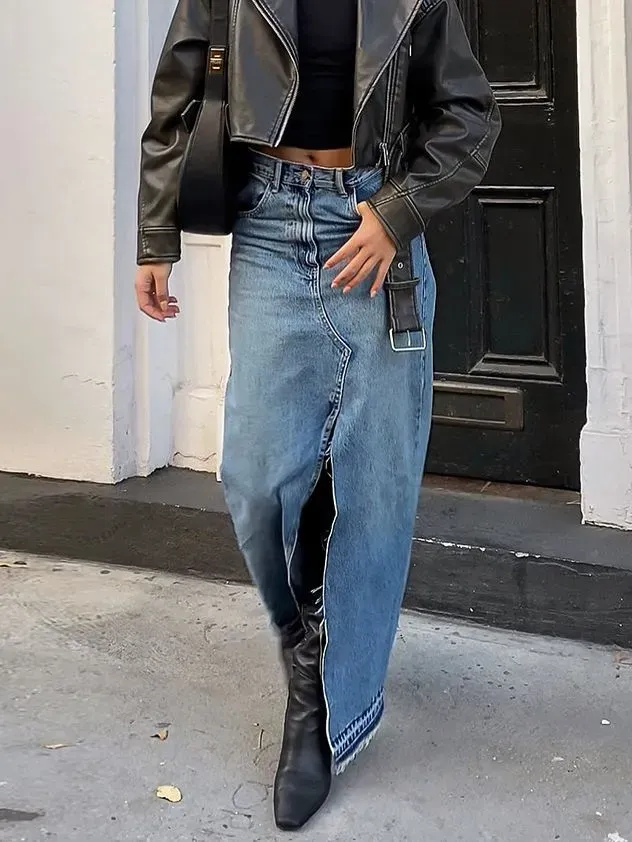City Slay Front Slit Maxi Denim Skirt