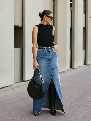 City Slay Front Slit Maxi Denim Skirt