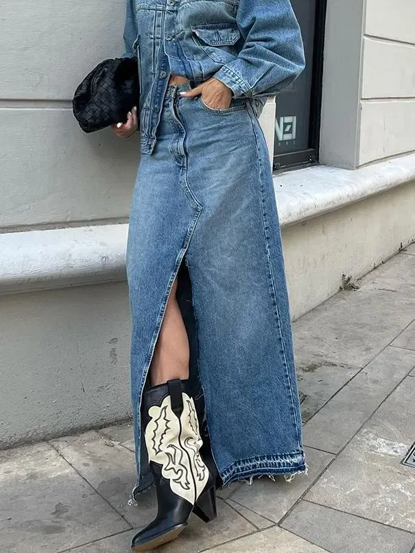 City Slay Front Slit Maxi Denim Skirt