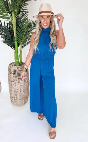 Cobalt Blue Wide Leg Woven Halter Jumpsuit - Final Sale