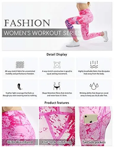 COOLOMG Women's Yoga Pants Printed Leggings Workout Running Tights with Side Pockets Light Pink S