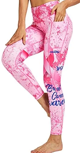 COOLOMG Women's Yoga Pants Printed Leggings Workout Running Tights with Side Pockets Light Pink S